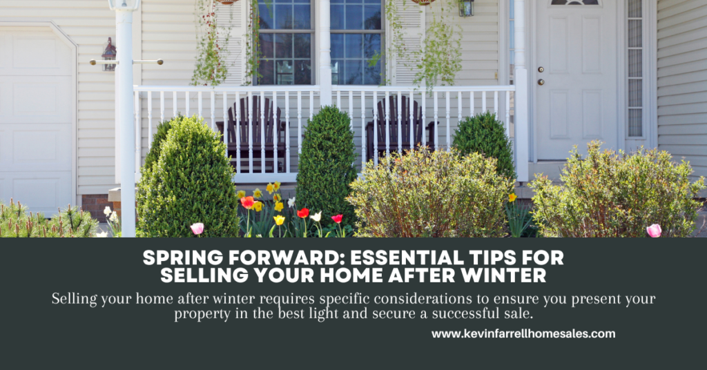 A welcoming home entrance with a white porch, lush spring flowers, and greenery, showcasing tips for selling your home after winter at www.kevinfarrellhomesales.com.