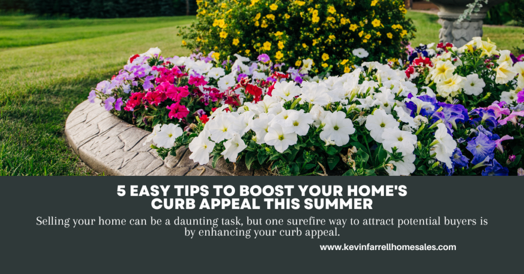 Increase Home Curb Appeal With These 5 Easy Tips blog image with an arrangement of flowers surrounded by a brick border with lush green grass.